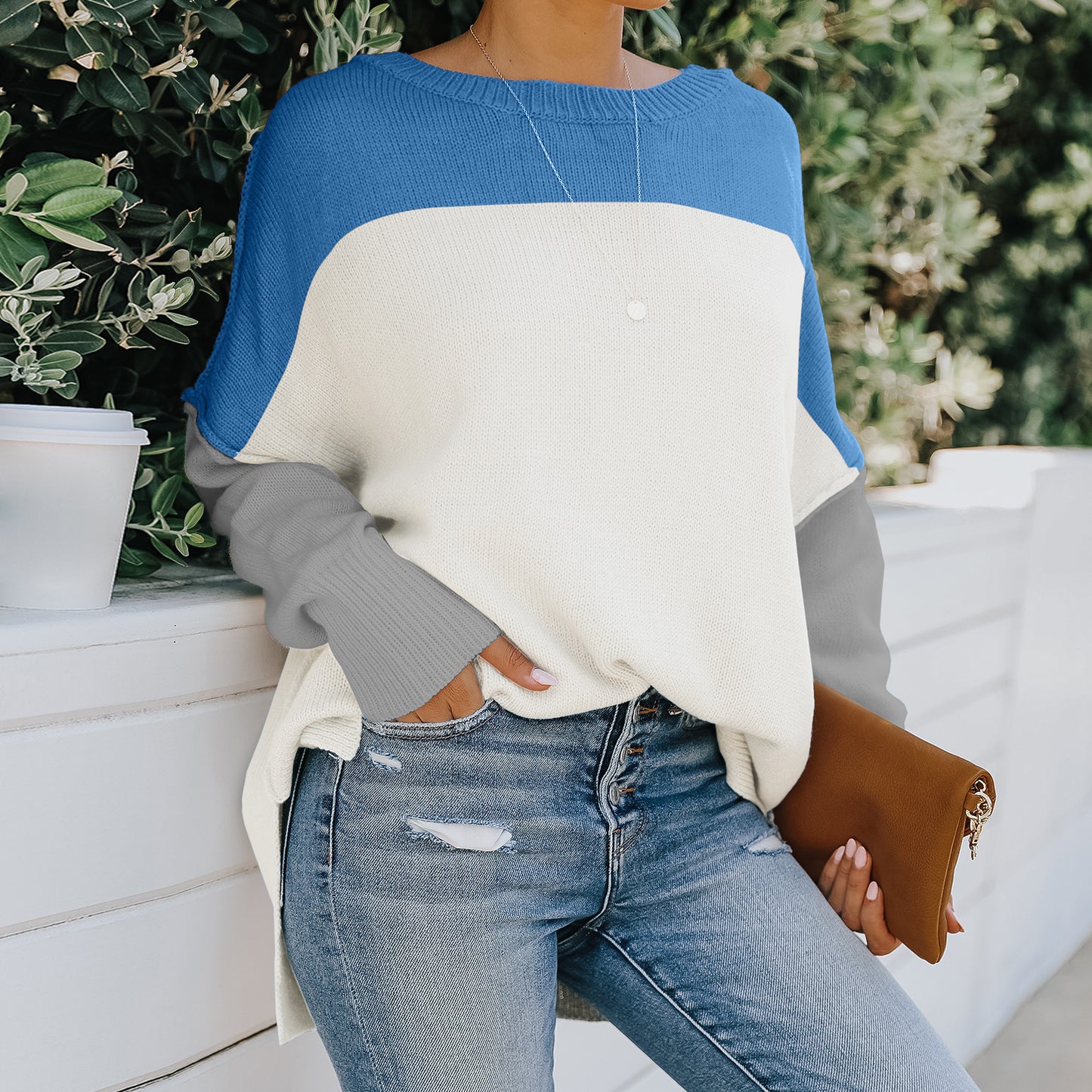 Women's Sweaters Off-shoulder Contrast Color Loose